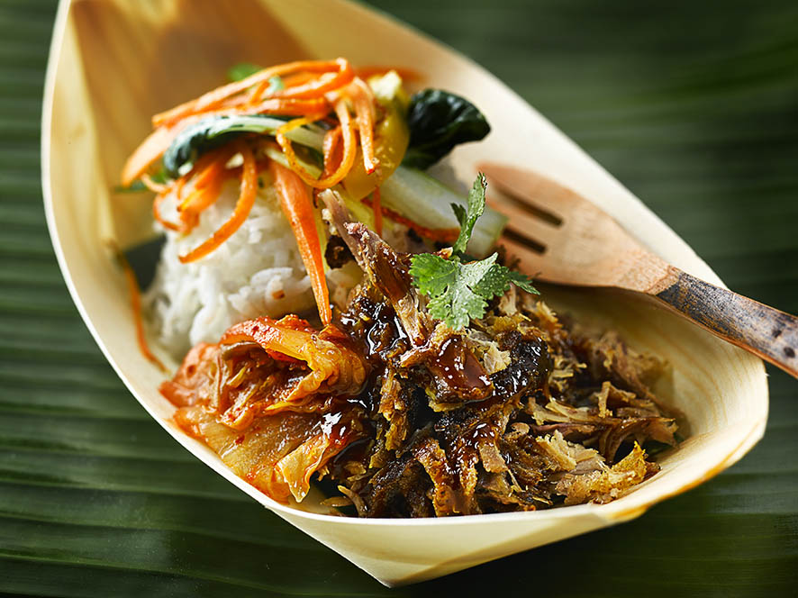 Pulled duck in bamboo boat in London Street Food Photography blog