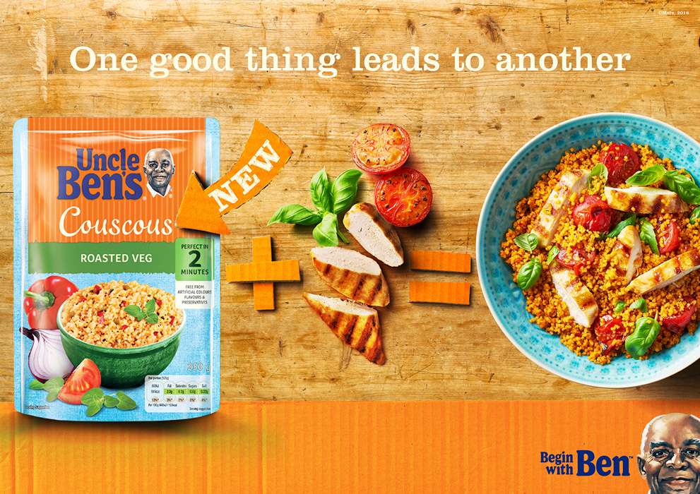 Uncle Bens couscous with sliced roasted chicken and basil leaves. Ad Photography by London food photographer michael michaels